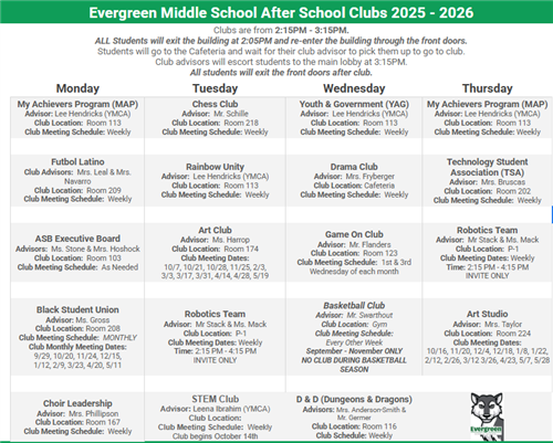 After School Clubs for 2025-2026